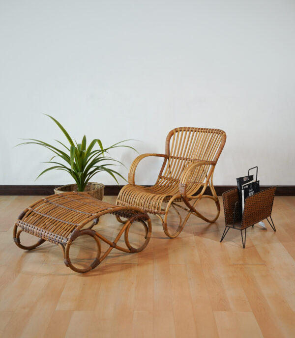 Vintage Mid-Century Rattan Lounge Chair and Ottoman, 1950s