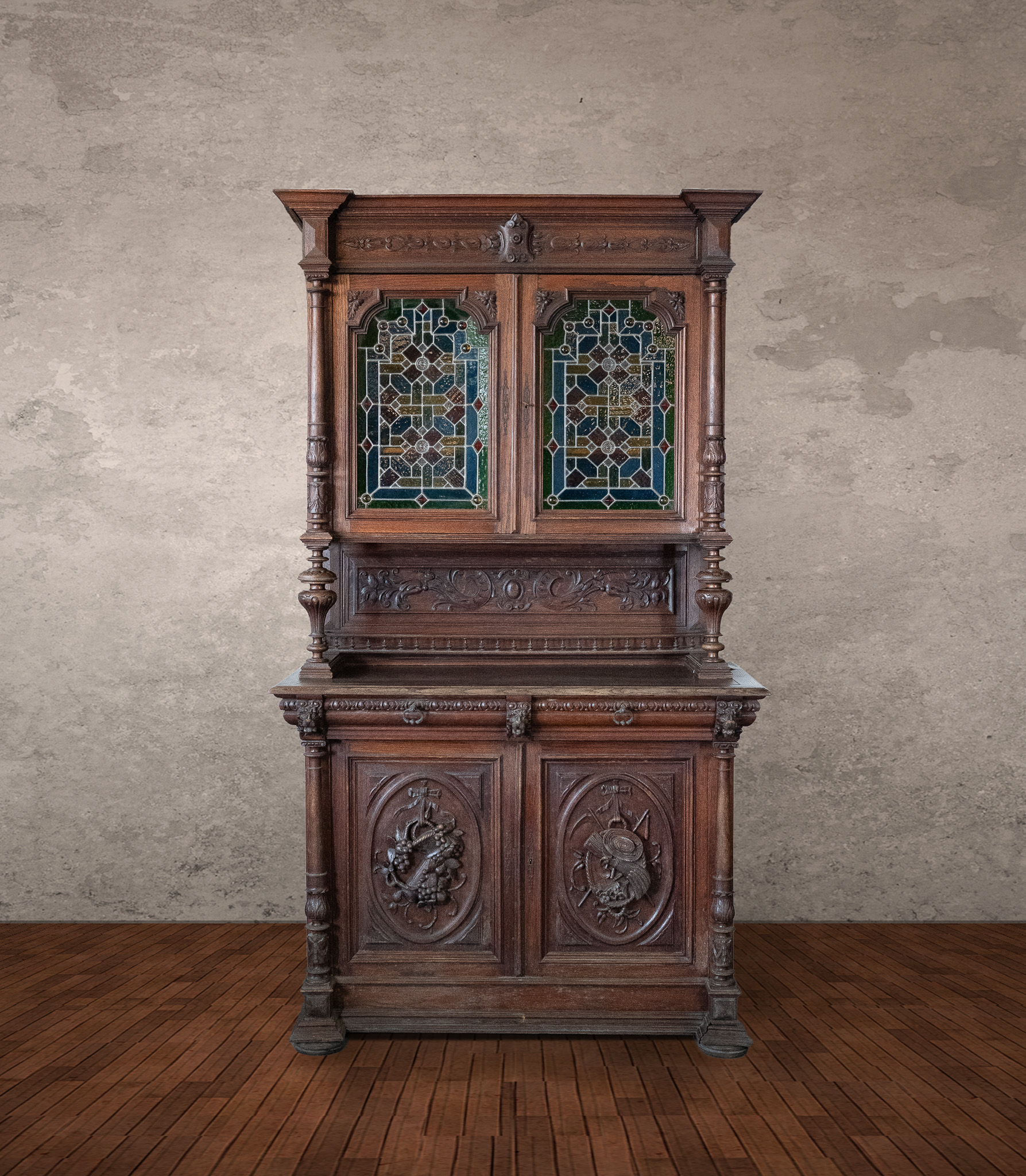 French Edwardian Antique Coloured Glass Cabinet 1920s