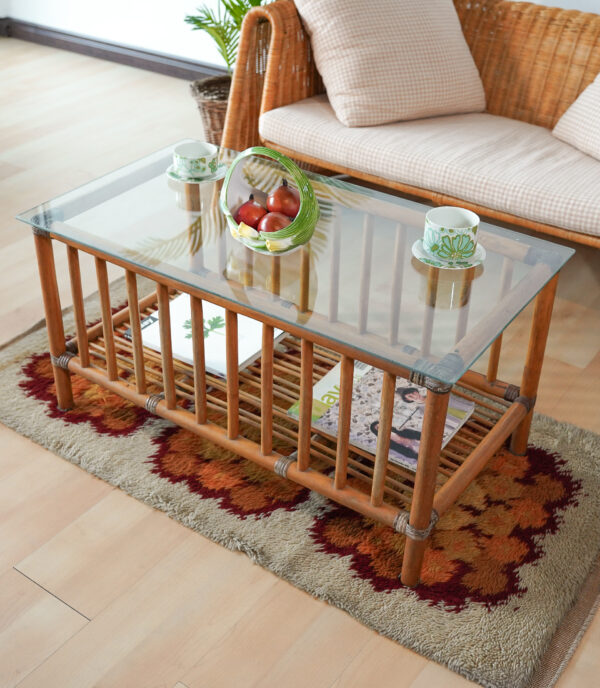 Vintage Rattan Coffee Table with Glass Top.