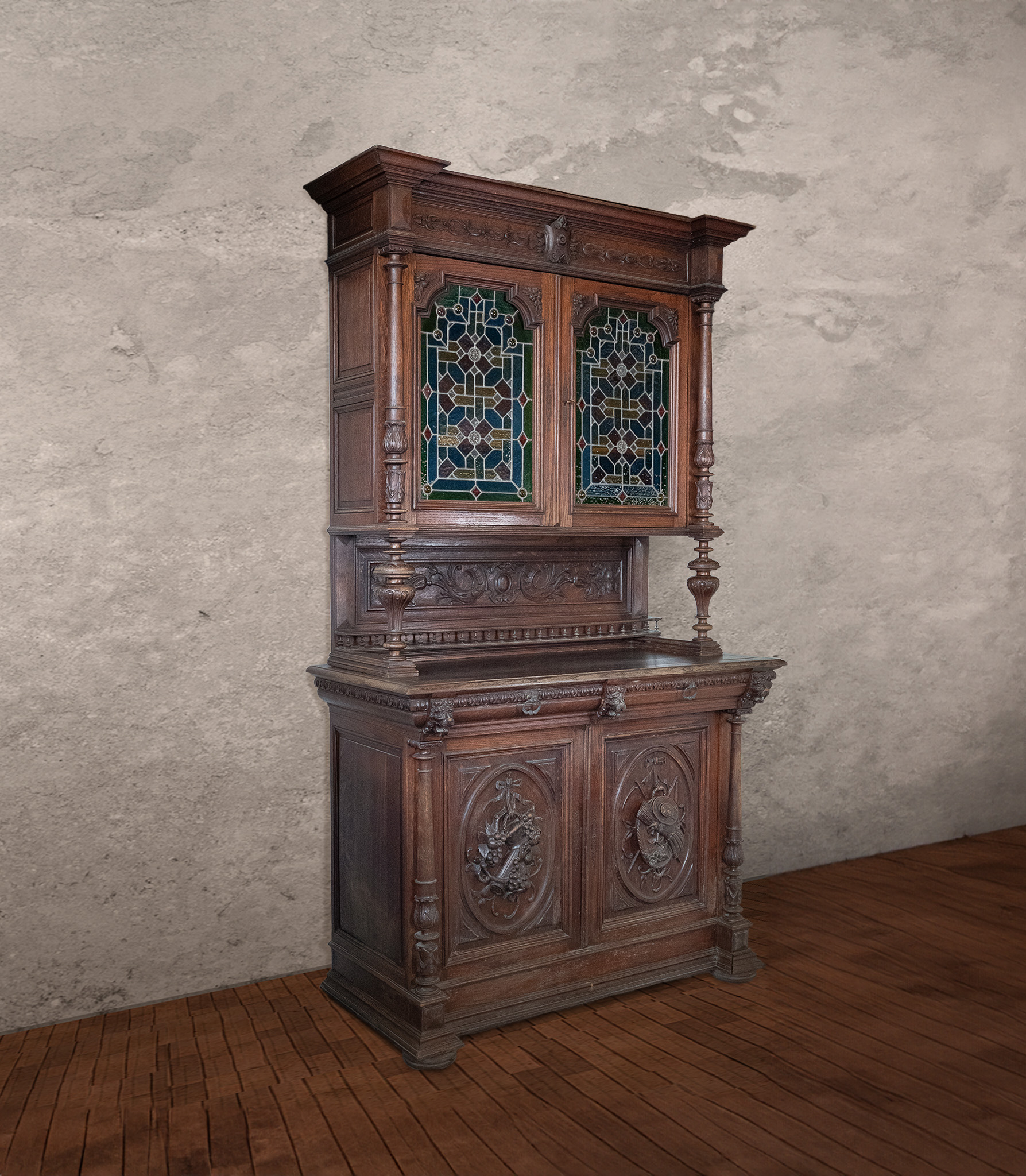 French Edwardian Antique Coloured Glass Cabinet 1920s - Image 2