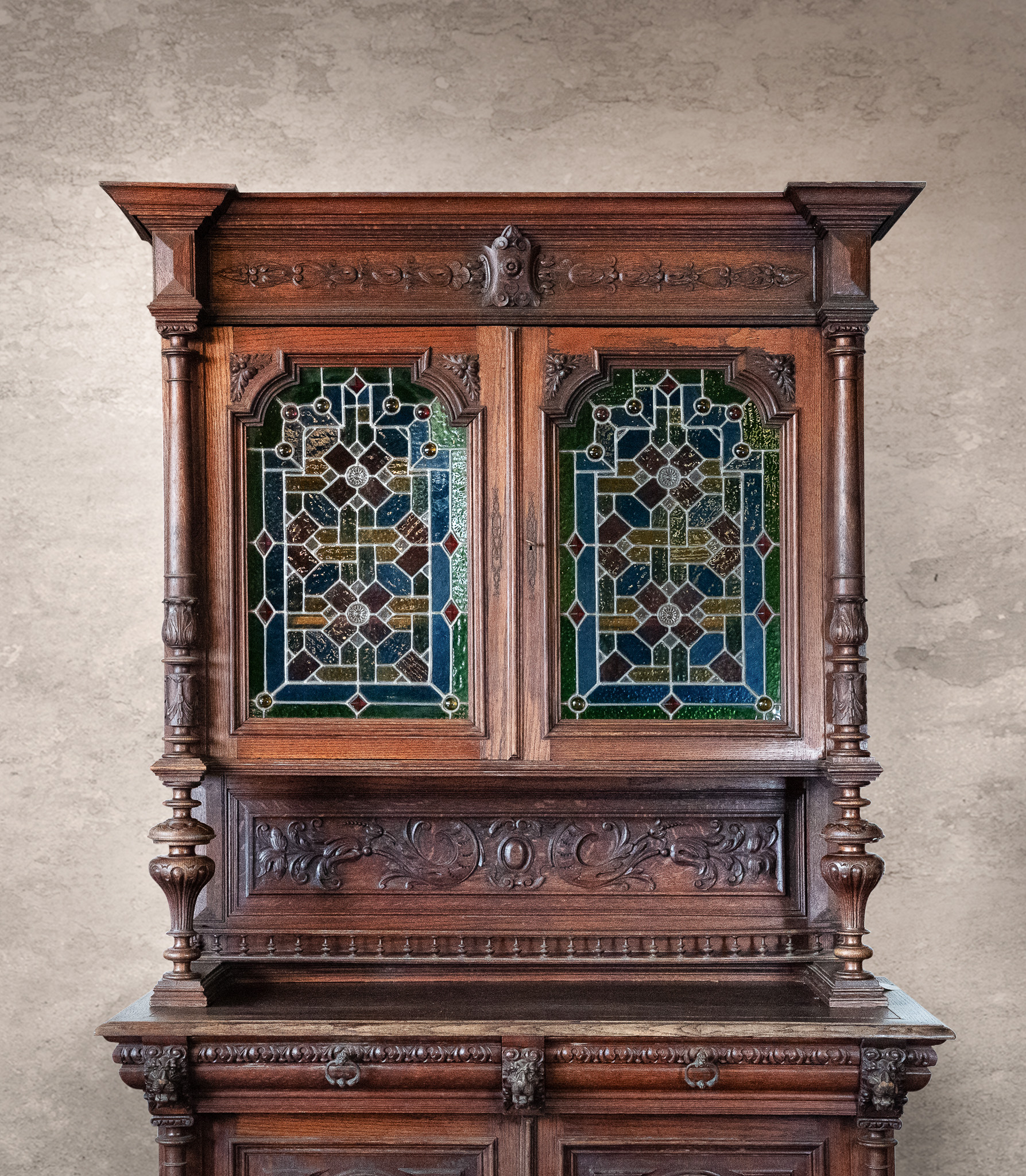 French Edwardian Antique Coloured Glass Cabinet 1920s - Image 3
