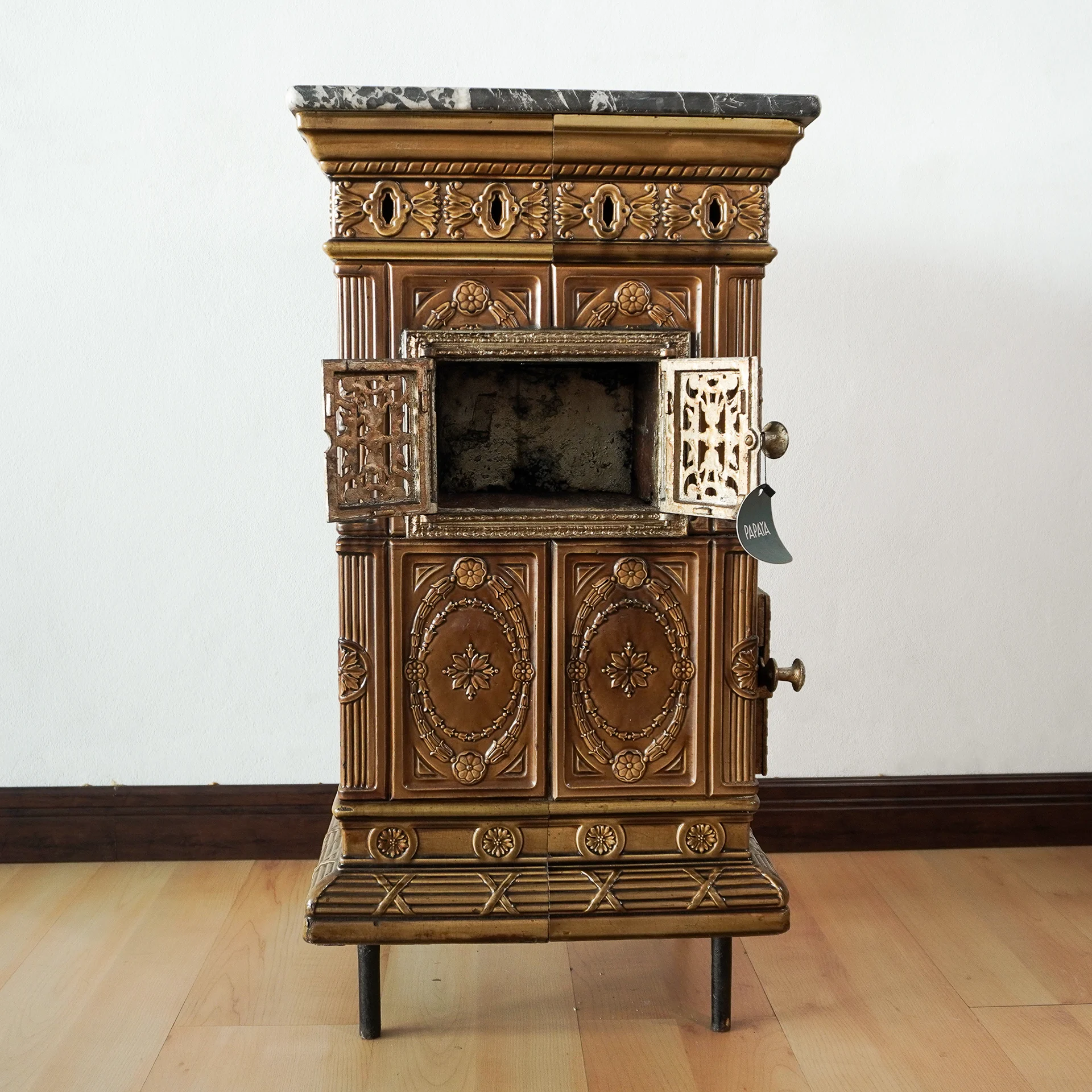 Old Chascoal stove with stone top tiles, French, 20th century. The stove has a separate hearth and an oven - Image 2