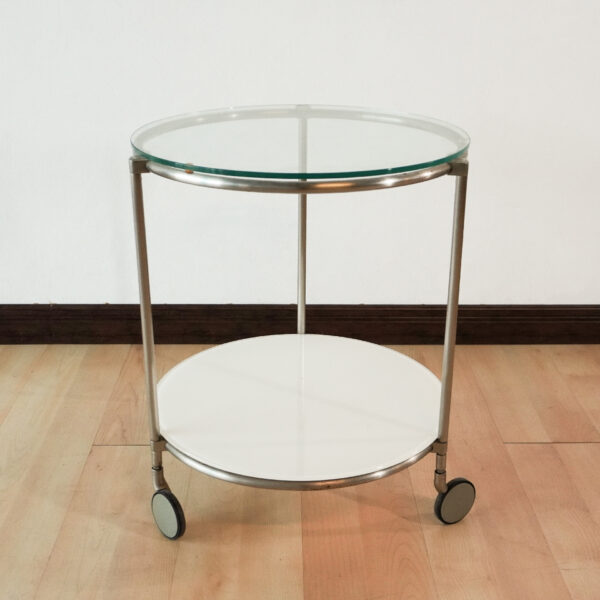 Vintage stainless steel and glass pedestal table, France, 1970s