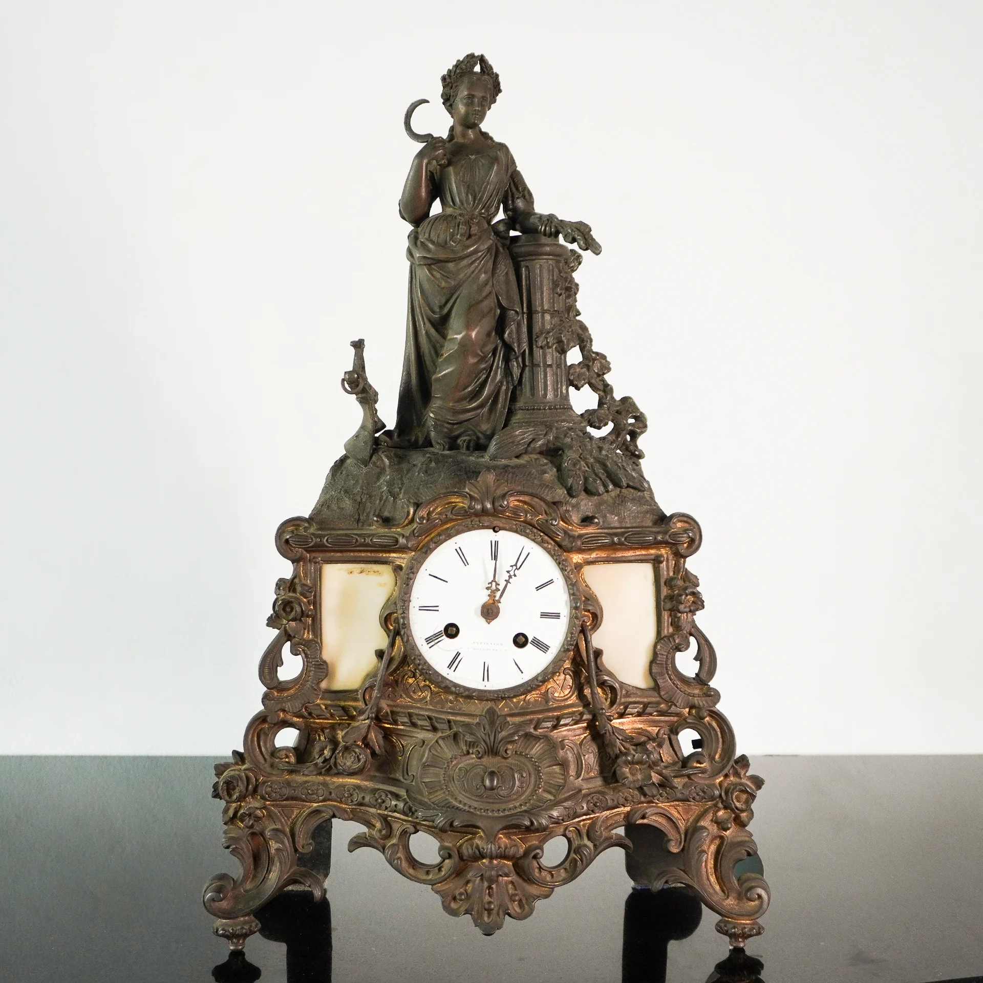 French Spelter with a female figure, Gilt Bronze Clock.