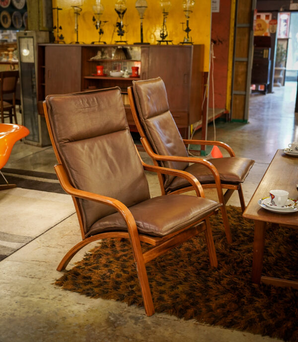 Pair of Stouby Bentwood Leather Lounge Chairs - Denmark, 1970s