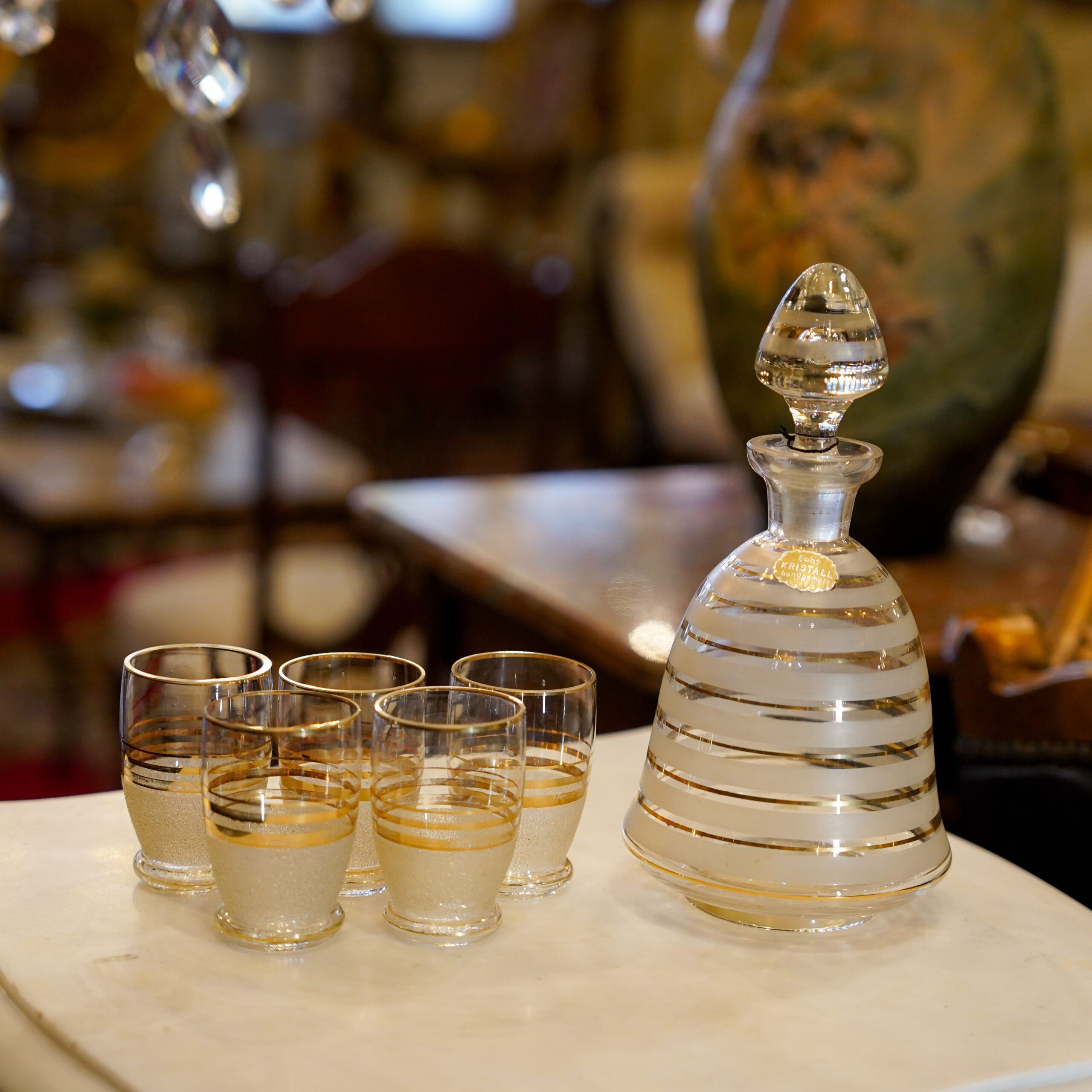 Vintage Crystal Liquor Decanter Set with Gold Accents - Image 2