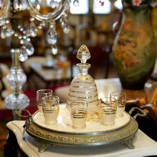Vintage Crystal Liquor Decanter Set with Gold Accents